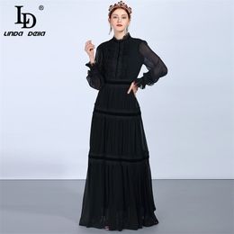 LD Linda della moda runway maxi abiti da donna manica lunga pizzo patchwork ruffles vintage vestito nero elegante abito da partito 210409