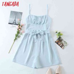 Women Vintage Blue Summer Playsuits Spaghetti Strap Rompers Ladies Casual Chic Overalls QW61 210416