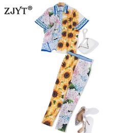 Women Summer Fashion Runway 2 Piece Set Designer Colour Block Floral Print Loose Shirt and Pants Suit Holiday Twinset 210601