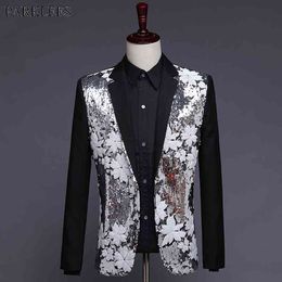 Shiny Sequin Patchwork Black Dress Blazer Men Nightclub Stage Slim Fit Mens Suit Jacket Wedding Groom Party Stage Blazer Hombre 210522