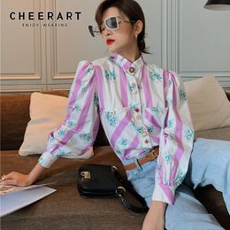 Court Puff Sleeve Top Autumn Blouse Women Long Pink Striped Stand Collar Floral Print Ladies Korean Style 210427