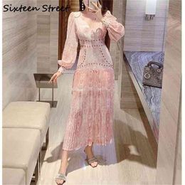 Fashion Pink Long Dress For Woman Rivet Printed High Waist Elegant Maxi Vestidos Lady V-neck Party Dresses Female Spring L 210603