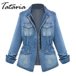 Tataria Women Casual Denim Jackets Cardigan Zipper Casaco Feminino Coat Pockets Top Streetwear Slim Elastic Waist Jeans Jacket 210514
