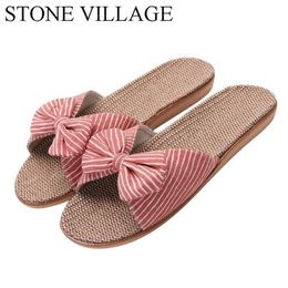 Eva Stripes Bow home slippers Cotton Indoor Shoes Japanese Style Linen Slipper Flip Flops 211110