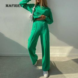Women Two Piece Tracksuit Suits Spring Autumn Casual Solid O-Neck Long Sleeve Pullover Ladies Sets Elastic High Waist Pants 210930