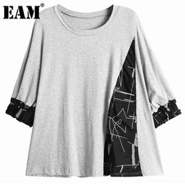 [EAM] Women Grey Pattern Printed Big Size T-shirt Round Neck Three-quarter Sleeve Fashion Spring Summer 1DD7953 210512