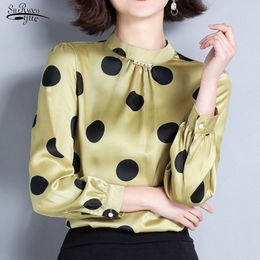 Blusas Mujer Spring Long Sleeve Stand Collar Polka Dot Chiffon Blouse Women Korean Elegant Slim Fit Lady Tops 9045 50 210427
