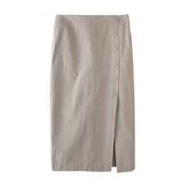 PERHAPS U Khaki Straight Knee Length Split Button Midi Skirt Empire Summer Casual S0072 210529