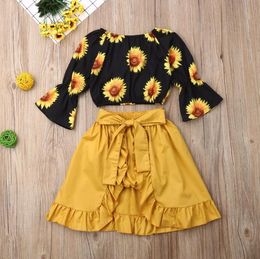 Toddler Baby Girl Clothing Sets Off Shoulder Sunflower Print Flare Long Sleeve Crop Tops Tutu Short Pants Skirt 3Pcs Outfits