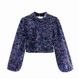 Women Sequins Decoration Behind Hollow Out Female Long Sleeve Roupas Leisure Chic tops 210520