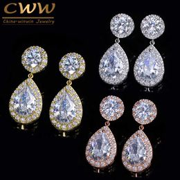 Classic Stunning Cubic Zirconia Stone Women Party Jewellery Rose Gold Colour Big Pear Drop Earrings Gift CZ180 210714