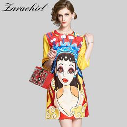 Summer Cartoon Girl Printed Women O-Neck Colour Collision Fashion Yellow Three Quarter Sleeve Chic Dresses 210416