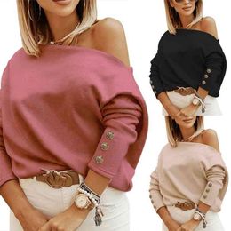 Women T-Shirt Off-the-Shoulder Ladies Solid Color Autumn Button Long Sleeve Warm Casual Loose Female Clothing 210522
