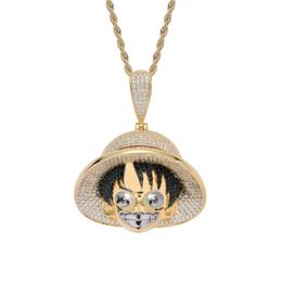 Pendant Necklaces Hip Hop Full CZ Stone Paved Bling Out Cartoon One Piece Luffy Pendants Necklace For Men Rapper Jewellery Gold Colour