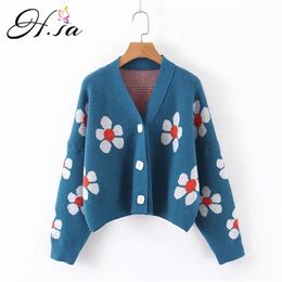 Women Cardigans Winter V neck Cropped Sweater Floral Ugly Button s Short Harajuku Coat Chic Knit Top 210430