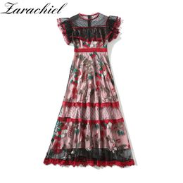 Fashion Design Floral Strawberry Embroidery Women Vintage Slim Long Dresses Female Retro Stereo Ruffles Tulles Mesh Dress 210416