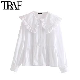 TRAF Women Sweet Fashion With Peter pan Collar Ruffled Blouses Vintage Long Sleeve Button-up Female Shirts Chic Tops 210719