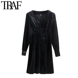 Women Chic Fashion With Buttons Velvet Mini Dress Vintage V Neck Long Sleeve Female Dresses Vestidos Mujer 210507