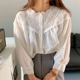 Spring Autumn Women's Blouse Korean Retro Solid Color Embroidery Top Loose Stand-up Collar Single-breasted Tops LL395 210506