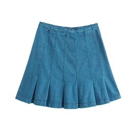 Women Elegant Solid All Match Sweet Skirt Summer Denim Short Pleated Skirts For Suits High Waist A-Line Skirts Outwear 210521