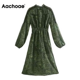 Aachoae Chic Women Lace Patchwork Printed Dresses Fashion Lantern Long Sleeve Midi Dress O Neck Elastic Waist Vintage Dress 210413