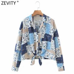 Zevity Women Vintage Cloth Patchwork Print Hem Bowknot Casual Blouse Female Long Sleeve Breasted Roupas Chic Chemise Tops LS9085 210603