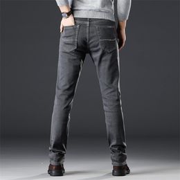 Winter velvet grey jeans men's straight leg loose stretch slim fashion brand high-end winter casual pants 211111