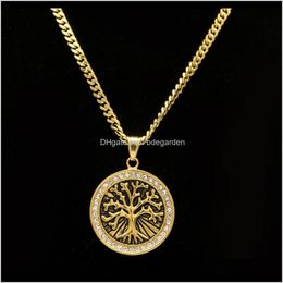 Necklaces Retro Tree Of Life Iced Out Cz Crystal Gold Plated Pendant Stainless Steel With 5Mm 27Inch Cuba Chain Necklace Fashion Jewel Ocbwm