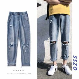 Ripped denim trouserscheap high street long hiphop track streetwear casual mens loose style hiphop pants for men X0621