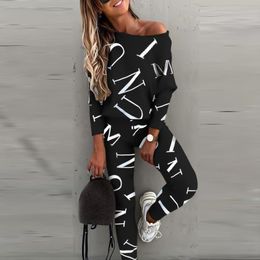 Casual Sporty tracksuit Women Matching Set Long Sleeve Fashion Letters Print Workout Tracksuits Skinny Blouse And Pants Outfit X0428