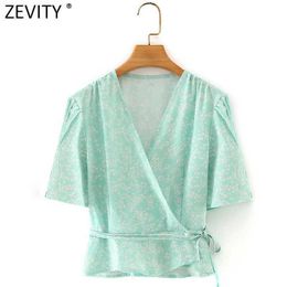 ZEVITY Women Sweet Cross V Neck Floral Print Casual Smock Blouse Femme Puff Sleeve Chic Ruffles Shirt Lace Up Blusas Tops LS9061 210603