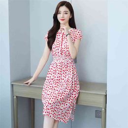 summer Temperament Wave Point Chiffon Dress Korean style O Neck Women's Split fork skirt 210507