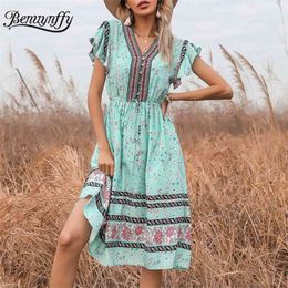 V-neck Button Detail Knee-length Women Dresses Summer Short Sleeve Drawstring Print Boho Casual A-Line Dress 210510