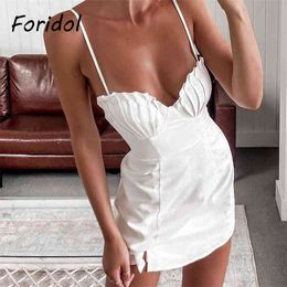 Foridol Fashion Solid White Summer Sun Dress Women Spaghetti Strap Mini Beach Dress French Elegant Vestidos De Mujer 210415