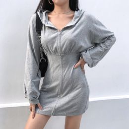 Fall Zipper Hoodie Dress Women Casual Slim Sweatshirt Long Sleeve High Waist Top Loose Sweater Dresses Solid Clothing 210419