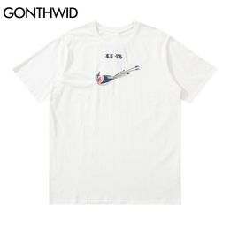 Tees Shirts Harajuku Embroidery Chinese Character Magpie Short Sleeve Tshirts Streetwear Men Hip Hop Casual Cotton Tops 210602