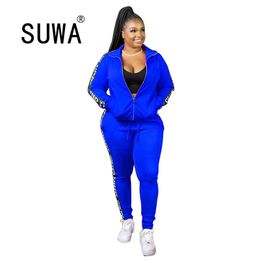 Side Letter Printed Tracksuit 2 Pieces Outfits For Women Matching Sets Fall Winter Jacket Coat Joggers Pants Sweatpants Fitness 210525