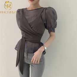 Fashion Summer Korean Chic Womens Tops Mesh Puff Short Sleeve O-neck Shirt + Bow Bandage Sling Vest Suits 210506