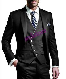 High Quality One Button Black Groom Tuxedos Peak Lapel Wedding/Prom/Dinner Groomsmen Men Suits Blazer (Jacket+Pants+Vest+Tie) W1363