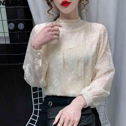 French Ruffle Hook Flower Chiffon Shirts Women Spring Autumn Puff Sleeve Stand Collar Blouses Female Fashion Blusas Top 210514