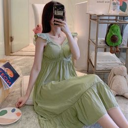 Summer Sexy Lingerie Sleeveless V-neck Nightgowns for Women Korean Cotton Long Dress Nightdress Sleepwear Night Gown Nighty 210924