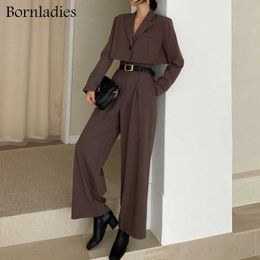 Bornladies Office Lady Blazer Suits Vintage 2 Piece Set Long Sleeve Short + High Waist Wide Leg Pants Outfits 210930