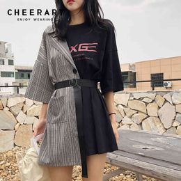 Streetwear Splice T Shirt Dress Women Summer Lace Up Fashion Letter Print Designer Mini Clothes 210427