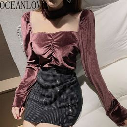 Solid Vintage Spring Blouses Women Sexy Fashion Korean Blusas Mujer Velour Pleated Ins Shirts Tops 14661 210415