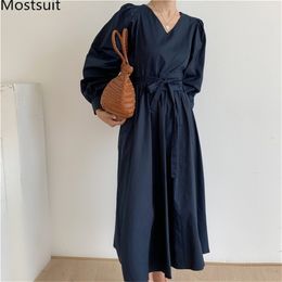 Korean Elegant V-neck Women Long Dress Autumn Full Sleeve Belted Dresses Casual Fashion Solid A-line Vestidos Femme 210513