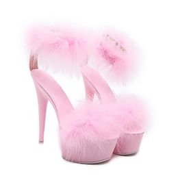 Black White Pink Fluffy Open Toe Platform Fur Sandals Women Sexy Fetish Pole Dancer Shoes Summer 15cm Extreme High Stripper Heels Fuzzy Wedding Sandalias Plus Size