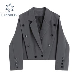 Vintage Grey Cropped Blazers Women Fashion Streetwear High Quality Deep V Neck Long Sleeve Jacket Oversized Outwear Tops 210417