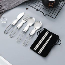 Dinnerware Sets 5Pcs Foldable Portable Camping Tableware Stainless Steel Children's Picnic Cutlery Set Travel Kitchen Utensils