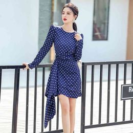 Fashion Women Spring O-neck Long Sleeve Blue Dot Printted Hight Waist Bowknot Irregular Casual Office Mini Dress 210514