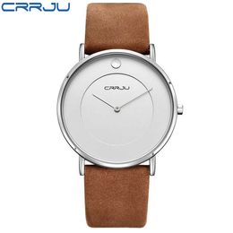 LMJLI - Top Brand CRRJU AA Sale Men's Watch Ultra Thin Waterproof Swim Sports Wach Men Genuine Leather Strap Casual Quartz Watch